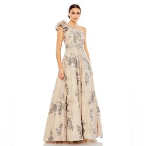 NWT $898 Mac Duggal 67960 Embellished One Shoulder Lace A Line Gown Dress Maxi
